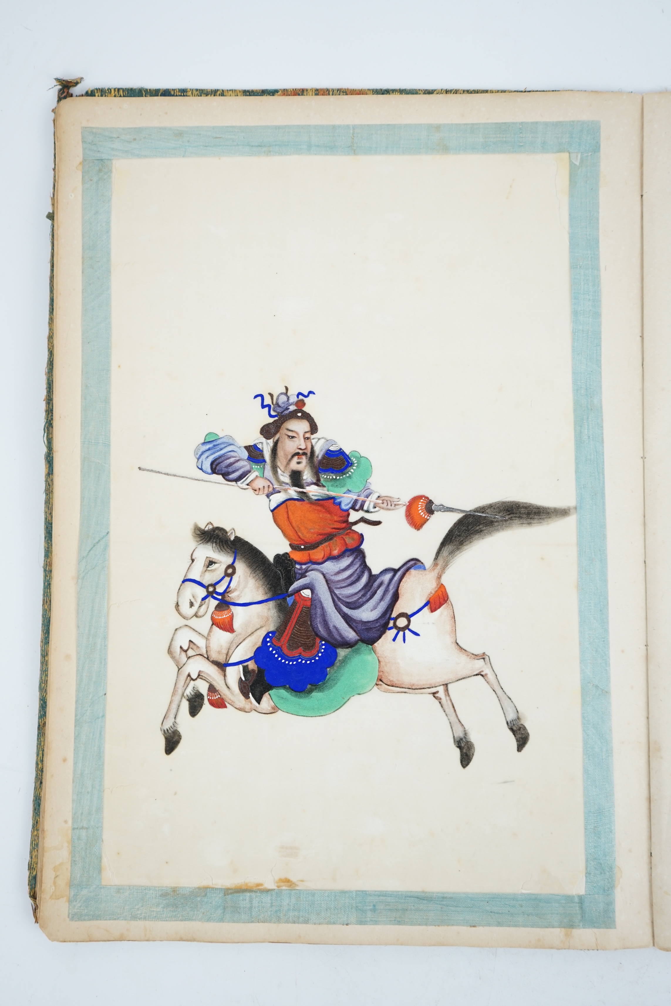 Chinese school, 19th century, an album of ten pith paintings of warriors on horseback